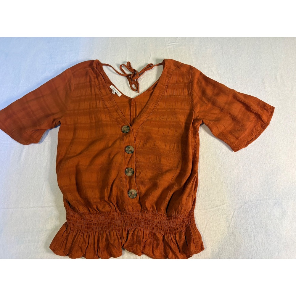 Maurices Women Rust Orange Smocked Waist Button Front V-Neck Blouse Size S 1406